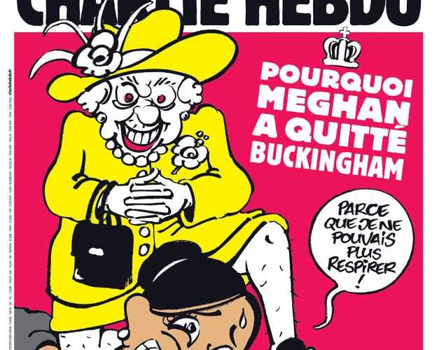 Charlie Hebdo îi revoltă pe englezi cu o caricatură avându-le drept protagoniste pe Meghan Markle şi regina Elisabeta a II-a