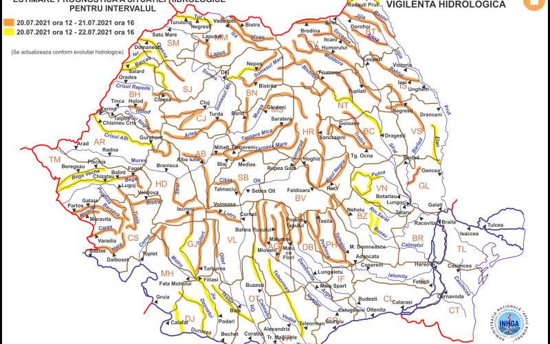Avertizare de cod portocaliu şi cod galben de viituri pe 28 de cursuri de apă şi afluenţi ai Dunării
